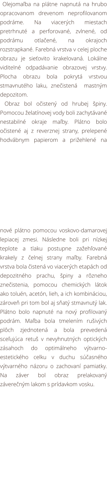 a viacerých miestach pretrhnuté a perforované, zvlnené, od podrámu otlačené, na okrajoch rozstrapkané. Farebná vrstva v celej ploche obrazu je sieťovito krakelovaná. Lokálne viditelné odpadávanie obrazovej vrstvy. Plocha  obrazu  bola  pokrytá  vrstvou st